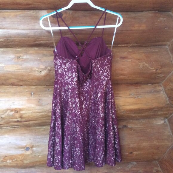 Speechless Mulberry/Gold Glitter Lace Fairygoth Fit & Flare Mini Dress Size 13 - Picture 3 of 6